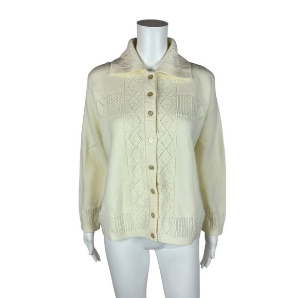 Vintage 60s Cream Cardigan Diamond Shapes Wintuk Sweater - Picture 2 of 10